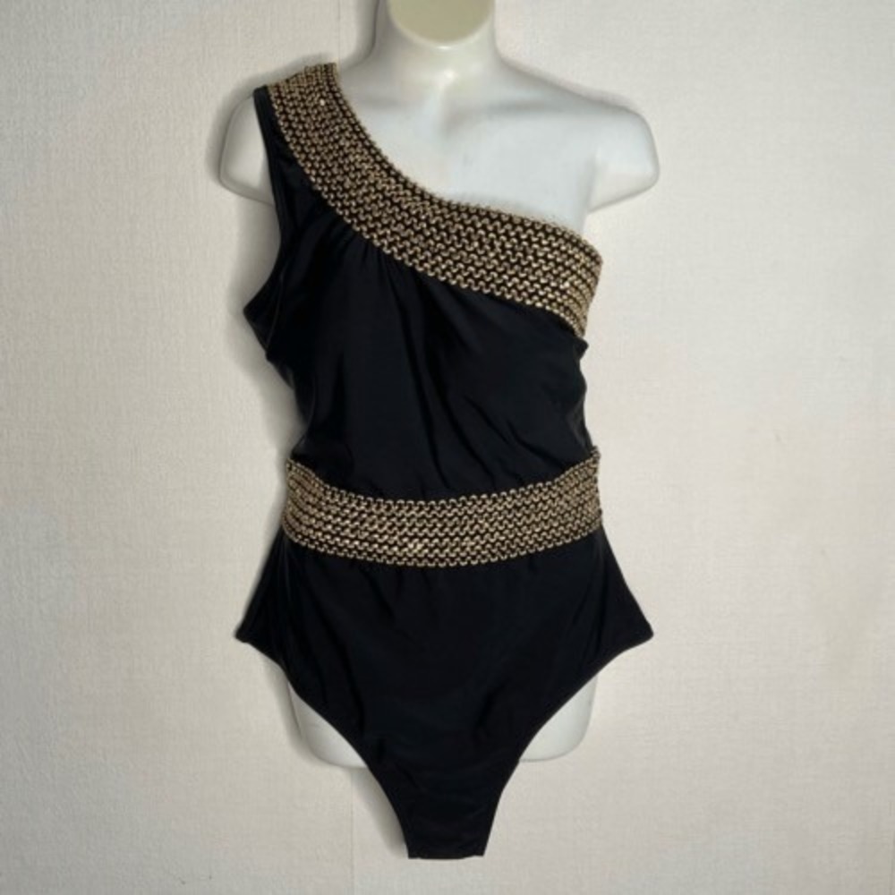 NWT Cupshe Black/Gold Trim One‎ Piece/Shoulder Swimsuit Women M China